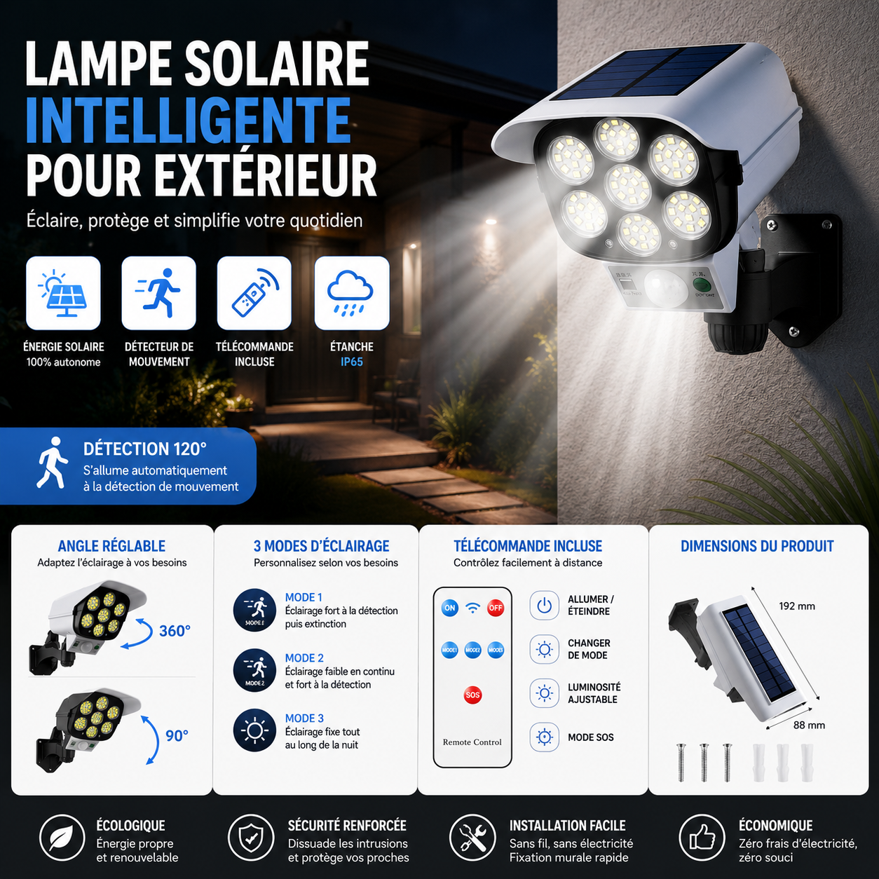 Lampe Solaire avec Détecteur de Mouvement (Télécommande Incluse ) 11900FCFA
